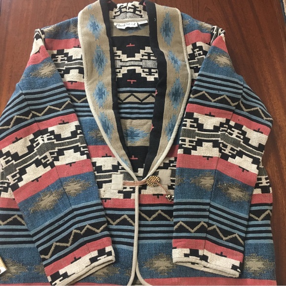 Vintage Flashback Womens Aztec Western  Blanket Oversized Jacket Tan Blue Size M - Picture 6 of 13